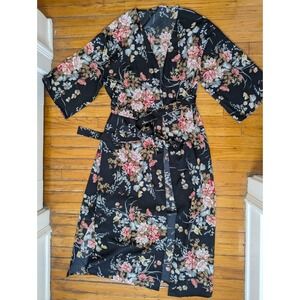 Cottagecore Black Floral Kimono Robe Wrap Dress Boho Romantic Tie Belt